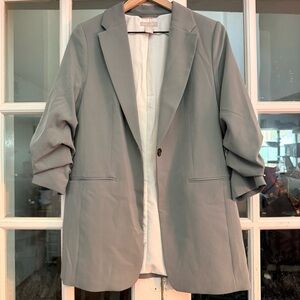 H&M Light Blue Blazer with Ruched Half Sleeves — Size Small Workwear Chic Travel